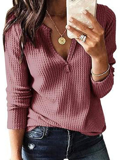 Women Plain Autumn Casual V neck Micro-Elasticity Vintage Solid Long Sleeve shirt &amp; Top QAL17