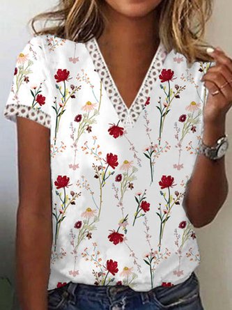 Boho V Neck Floral Short Sleeve T-Shirt QAL30