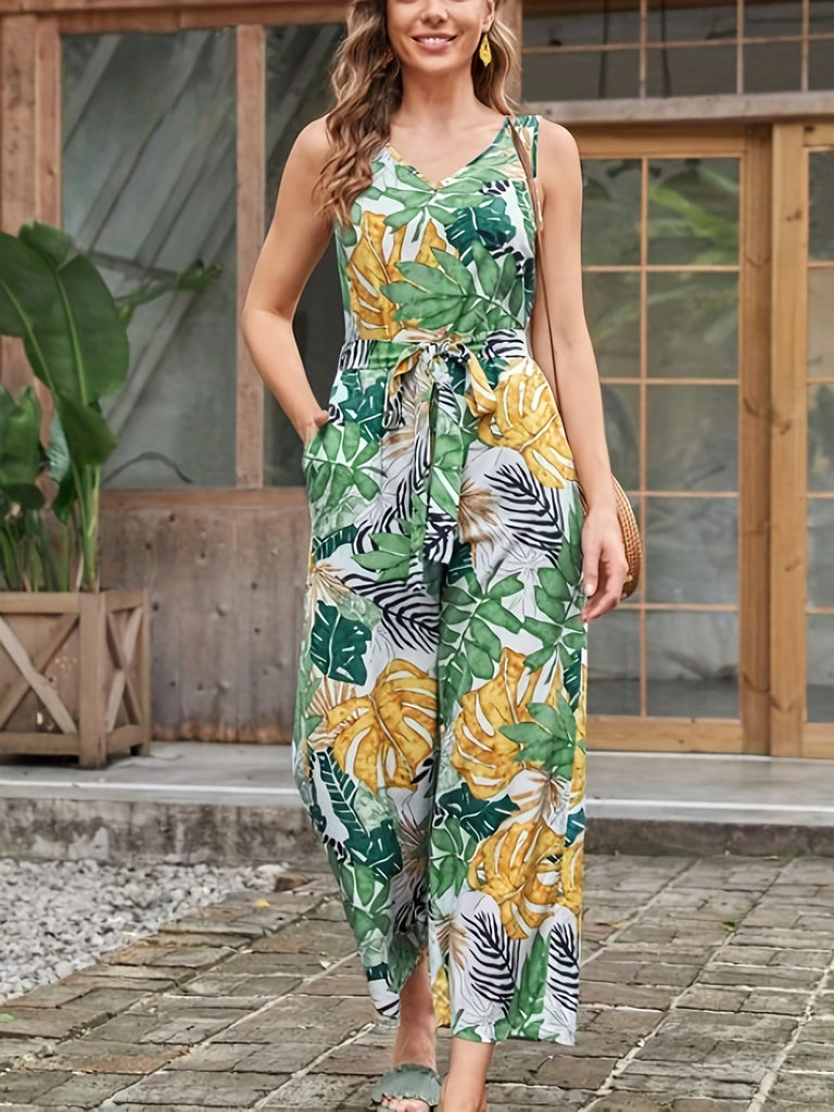 Boho Tropical Print Wide Leg Jumpsuit, Boho V-neck Sleeveless Tank Jumpsuit, Women's Clothing AZ1002