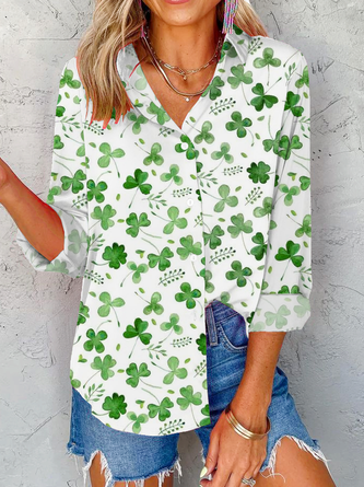 St. Patrick's Day Shirt Collar Casual Four-Leaf Clover Loose Buttoned Blouse QAD17