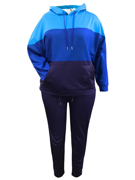 BASICS Plus Size Kangaroo Pocket Patchwork Drawstring Tracksuit Set BO2146