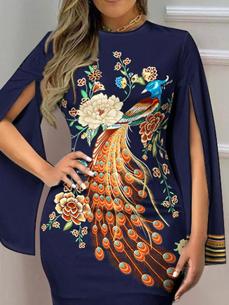 Plus Size Peacock Floral Print Striped Bodycon Dress AT9060