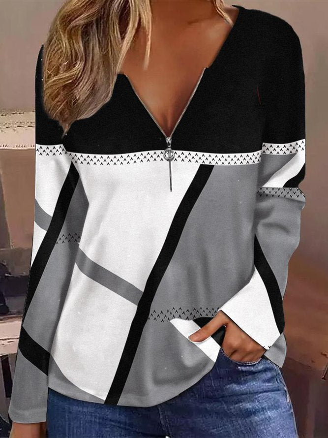 Casual Loose Color Block V Neck Zipper T-Shirt OY25