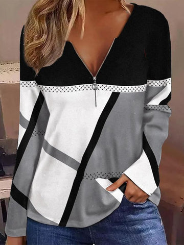 Casual Loose Color Block V Neck Zipper T-Shirt OY25