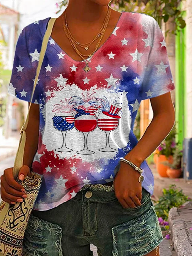 Loose America Flag Casual V Neck Women'S Star Wine Glass Print V-Neck Short-Sleeved T-Shirt  WG68