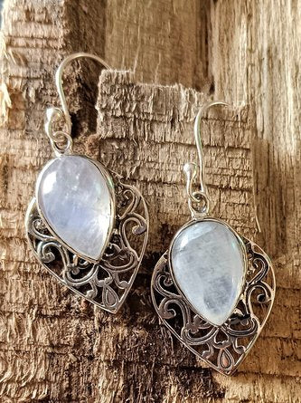 Vintage Natural Moonstone Opal Ethnic Pattern Earrings MMi20