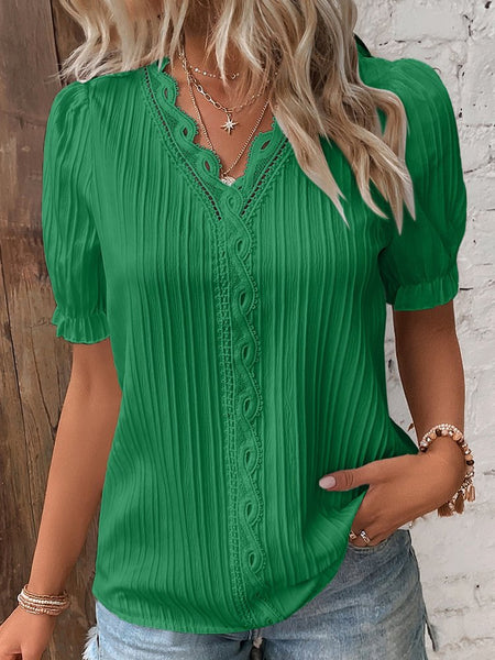 V Neck Plain Lace Elegant Shirt  mm241