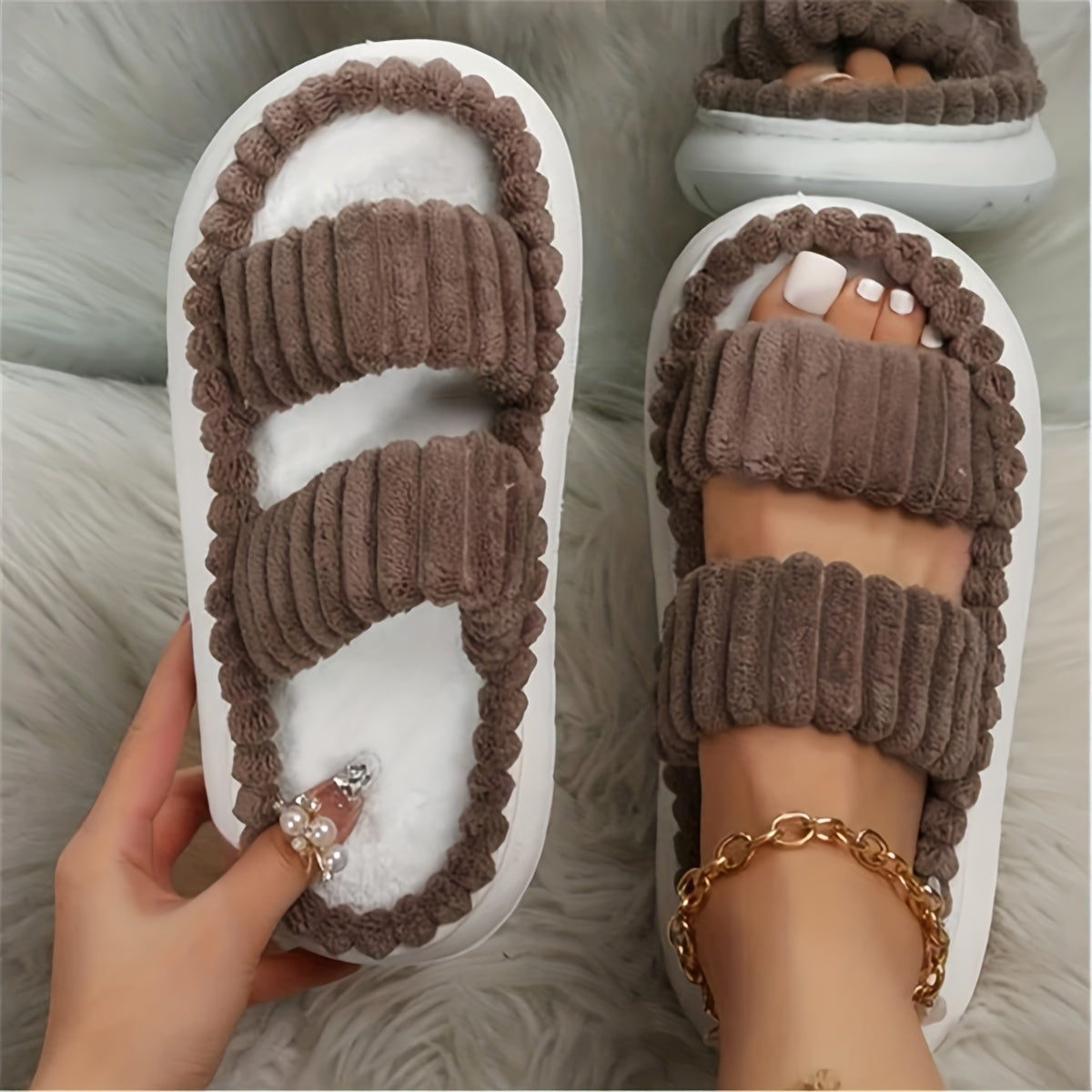 Women's Double Straps Plush Slippers HT0147 Furdela