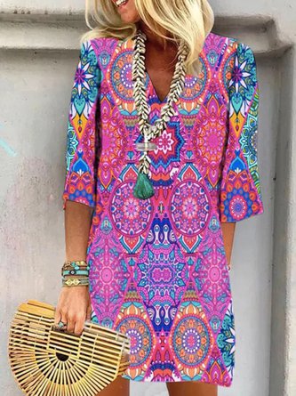 Ethnic V Neck Casual Vacation Three Quarter Tunic Dress AD606