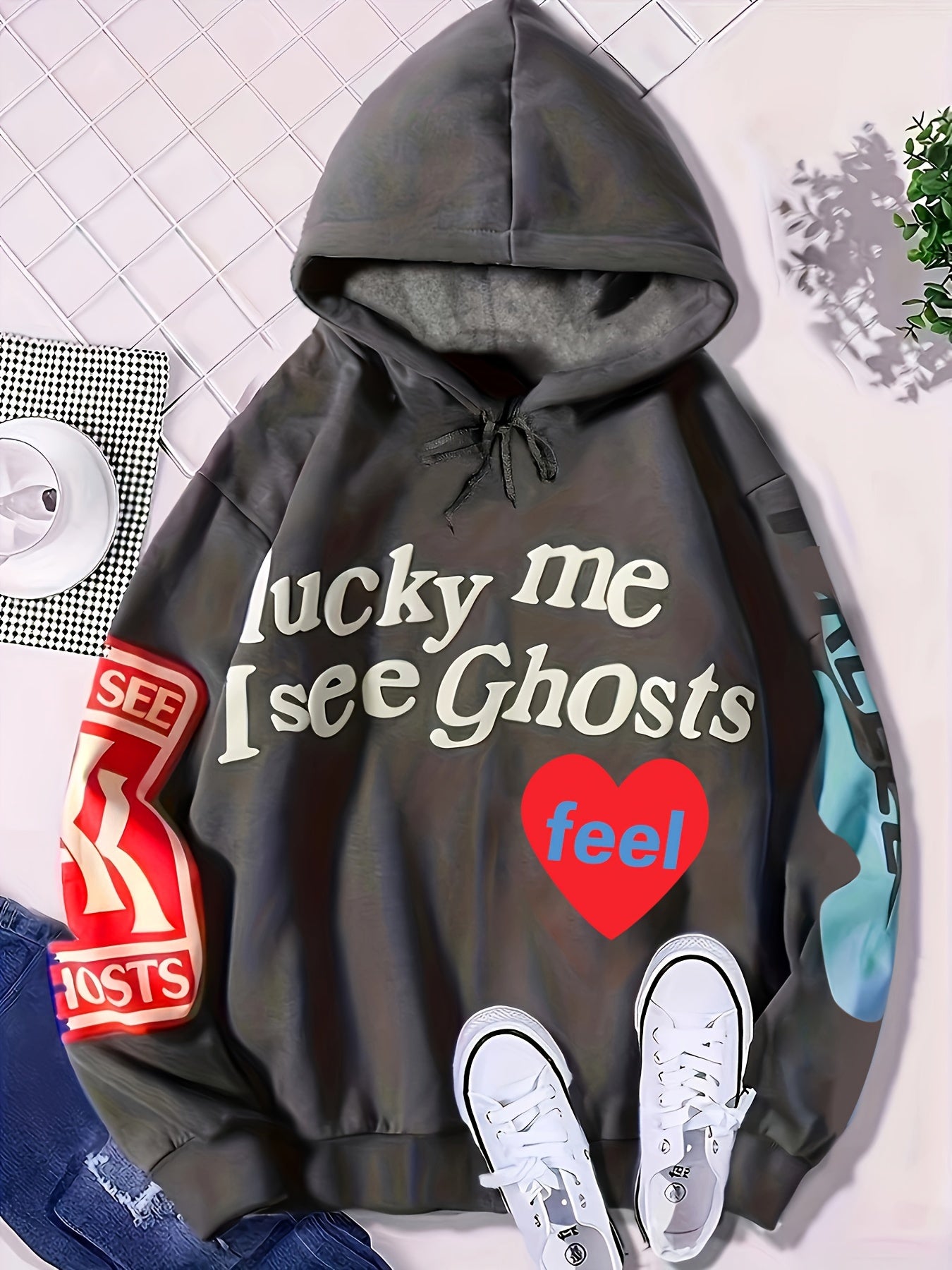 Lucky Me I See Ghosts Letter Graphic Casual Sports Sweatshirt EY4287 Furdela