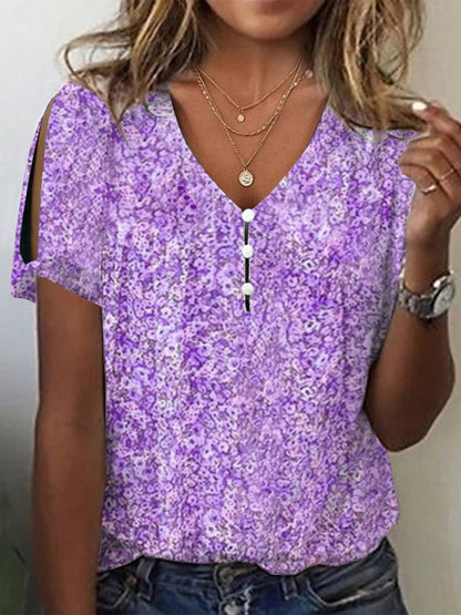 V Neck Floral Buttoned Elegant T-Shirt  cc170