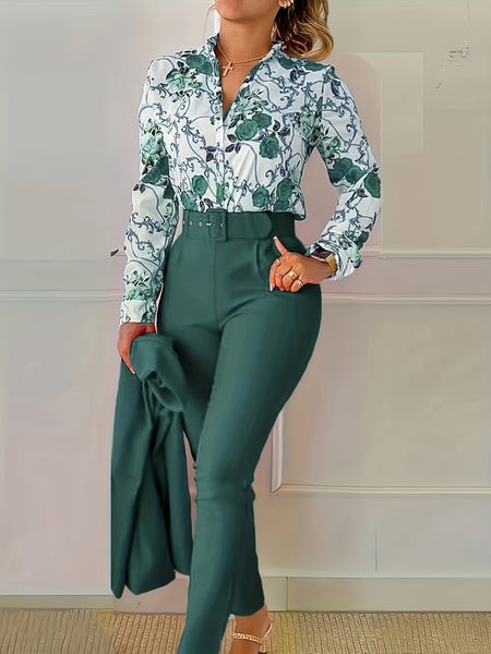 Floral Print V Neck Long Sleeve Blouse & Solid Belted Tapered Pants TD0870 Furdela