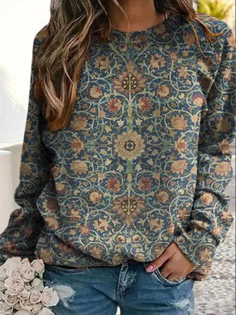 Casual Long Sleeve Crew Neck Ethnic Loose Sweatshirt QAS49