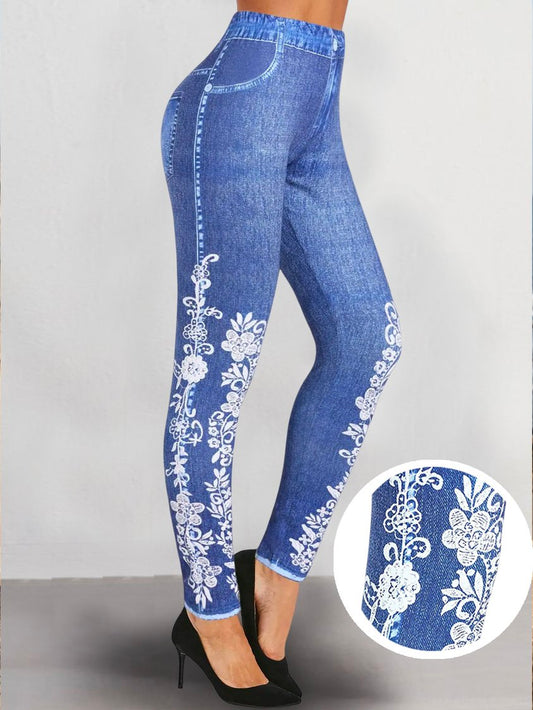 Floral Loose Casual Flower Faux Denim 3D Print  High Waist Casual Skinny Long Leggings BB50