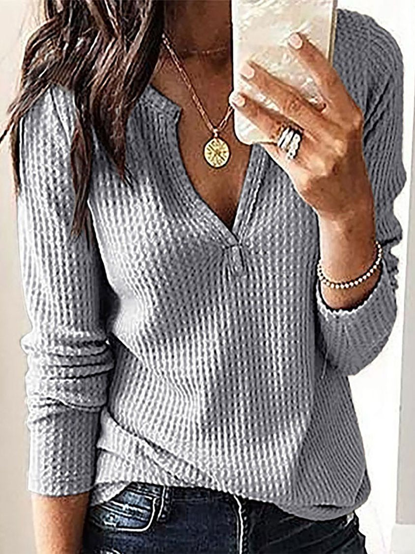 Women Plain Autumn Casual V neck Micro-Elasticity Vintage Solid Long Sleeve shirt &amp; Top QAL17