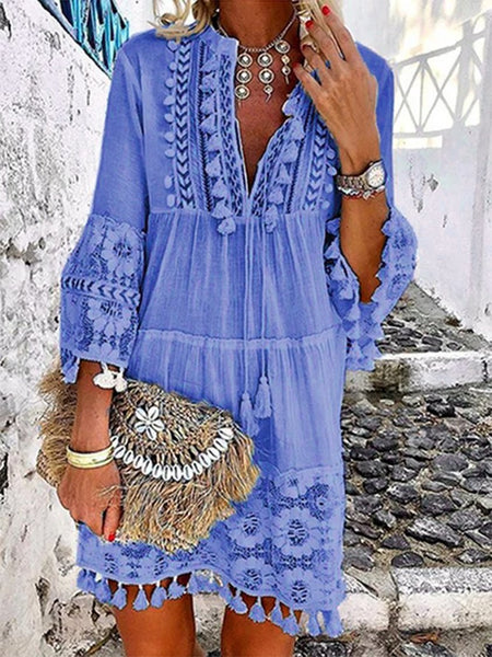 Women Summer 3/4 Sleeve V Neck Holiday Boho Dress MMy2