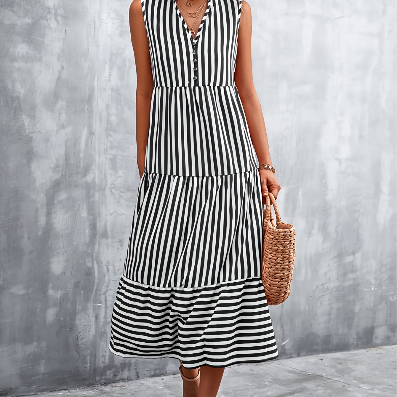 Women's Dresses V-neck Striped Button Elegant Dress AE1014