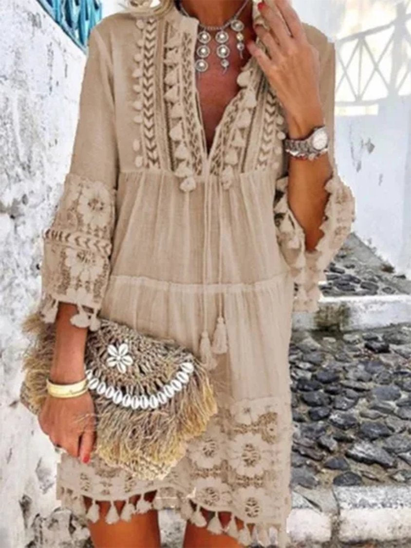 Women Summer 3/4 Sleeve V Neck Holiday Boho Dress MMy2