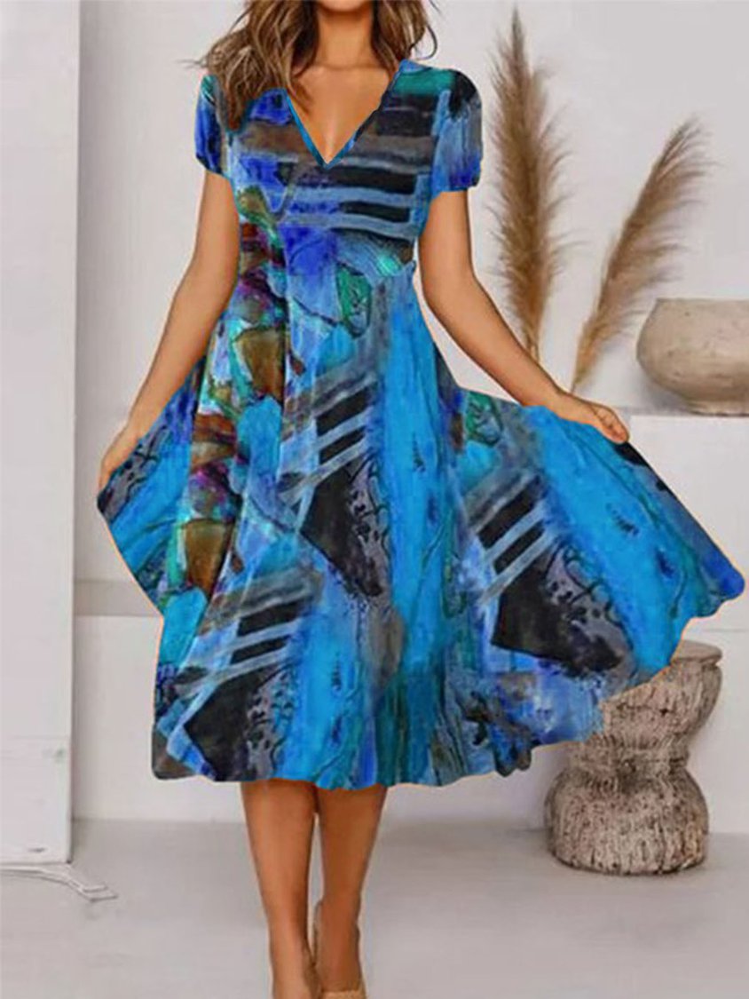 Women's Boho Printed V Neck Floral Weaving Dress AT10044