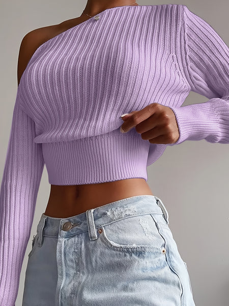 Ribbed Asymmetrical Neck Knit Crop Sweater FG9874 Furdela