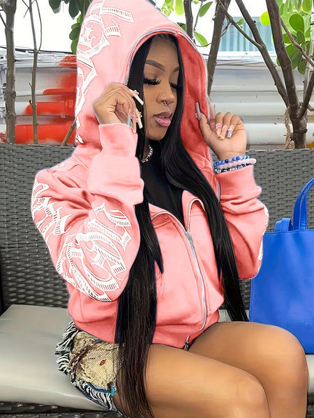 Letter Print Long Sleeve Zip Up Hoodies RG2041 Furdela