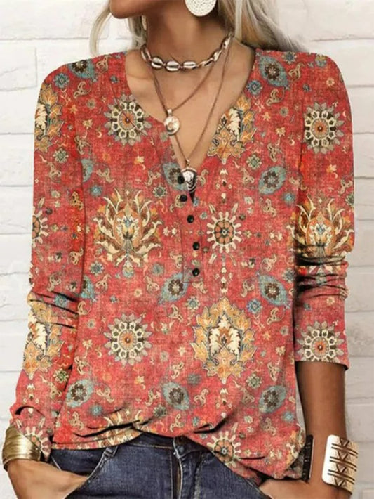 Women's Boho V Neck Ethnic Floral T-Shirt AT10036