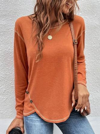 Casual Plain Autumn Cross Neck Micro-Elasticity Jersey Standard Regular H-Line Tunic T-Shirt for Women QAL47