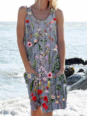 Floral Casual Crew Neck Loose Dress With No Belt  QV101