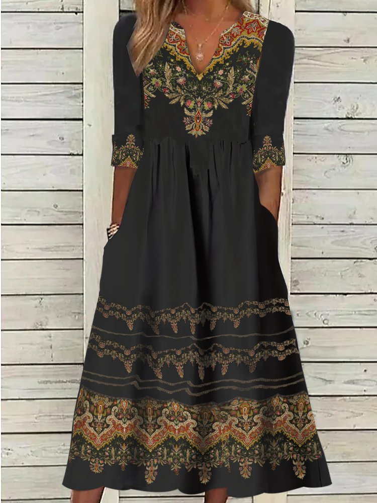 V Neck Ethnic Jersey Casual Dress  QX68