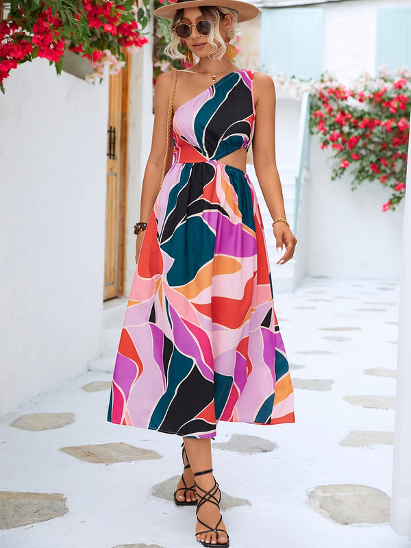 Colorful Print One Shoulder Dress, Waist Cut Out Sleeveless Dress For Summer & Spring, Women's C AE1013