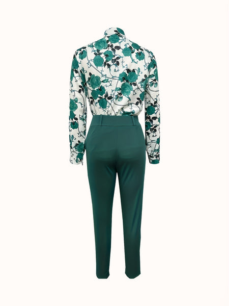 Floral Print V Neck Long Sleeve Blouse & Solid Belted Tapered Pants TD0870 Furdela