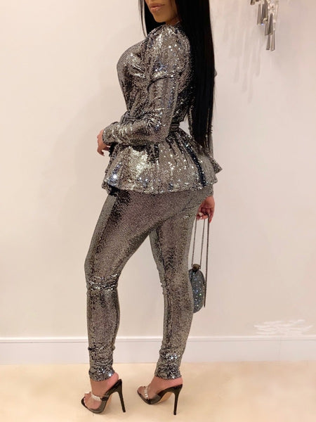 V Neck Bandage Design Rhinestone Decor Pants Set AT9029