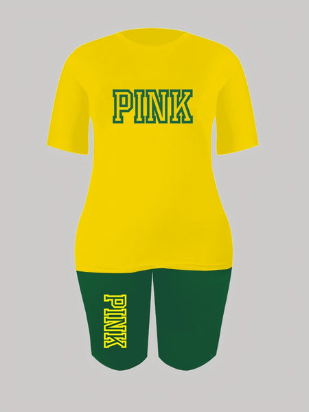 Plus Size Pink Letter Print Pants Set AR5051