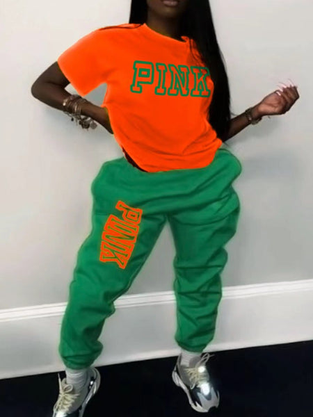 Plus Size Pink Letter Print Pants Set AR5051