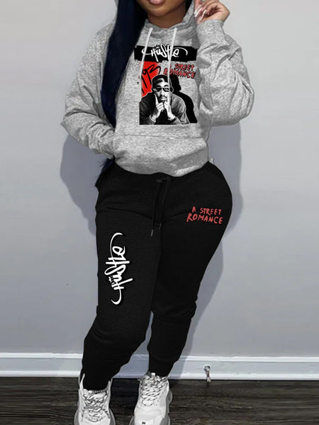 Figure Letter Print Kangaroo Pocket Tracksuit Set AR5064