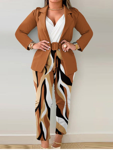 Plus Size Letter Print Belt Design Blazer Pants Set BO3021