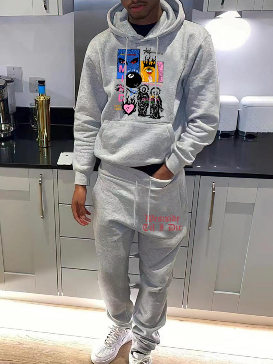 Men Figure Letter Print Kangaroo Pocket Tracksuit Set BO3057