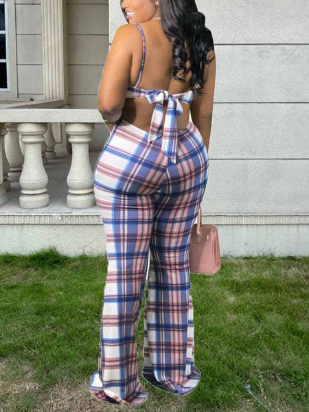 Plus Size Plaid Print Backless Flared Jumpsuit AT9044