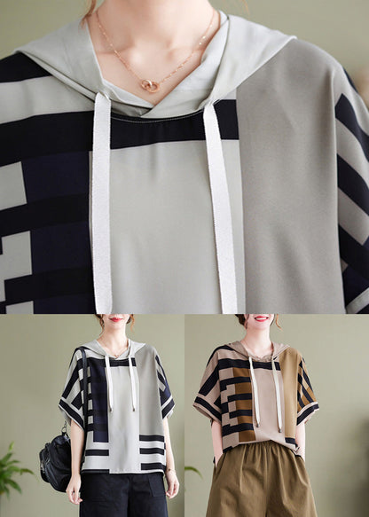 Apricot Neck Tie Hooded Tops Short Sleeve AC2023