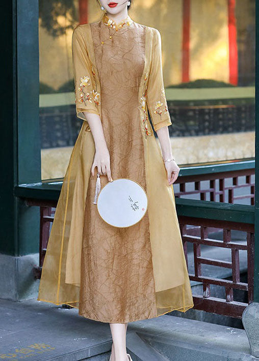Apricot Patchwork Silk Dress Embroideried Stand Collar Spring LY1717