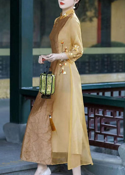 Apricot Patchwork Silk Dress Embroideried Stand Collar Spring LY1717