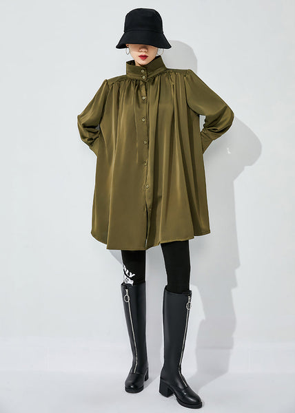 Army Green Draping Silk Shirt Top Oversized Wrinkled Spring LY0831