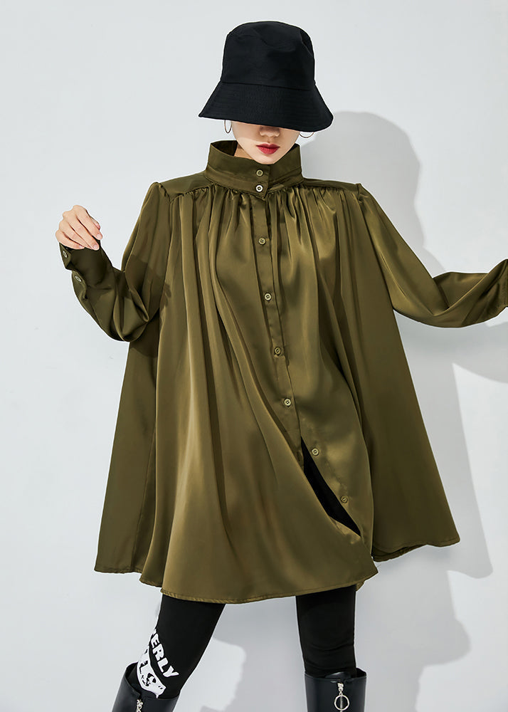 Army Green Draping Silk Shirt Top Oversized Wrinkled Spring LY0831