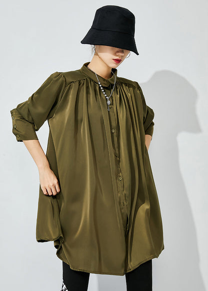Army Green Draping Silk Shirt Top Oversized Wrinkled Spring LY0831