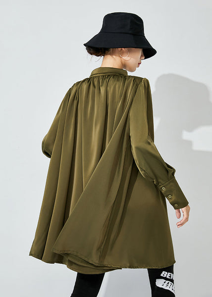 Army Green Draping Silk Shirt Top Oversized Wrinkled Spring LY0831