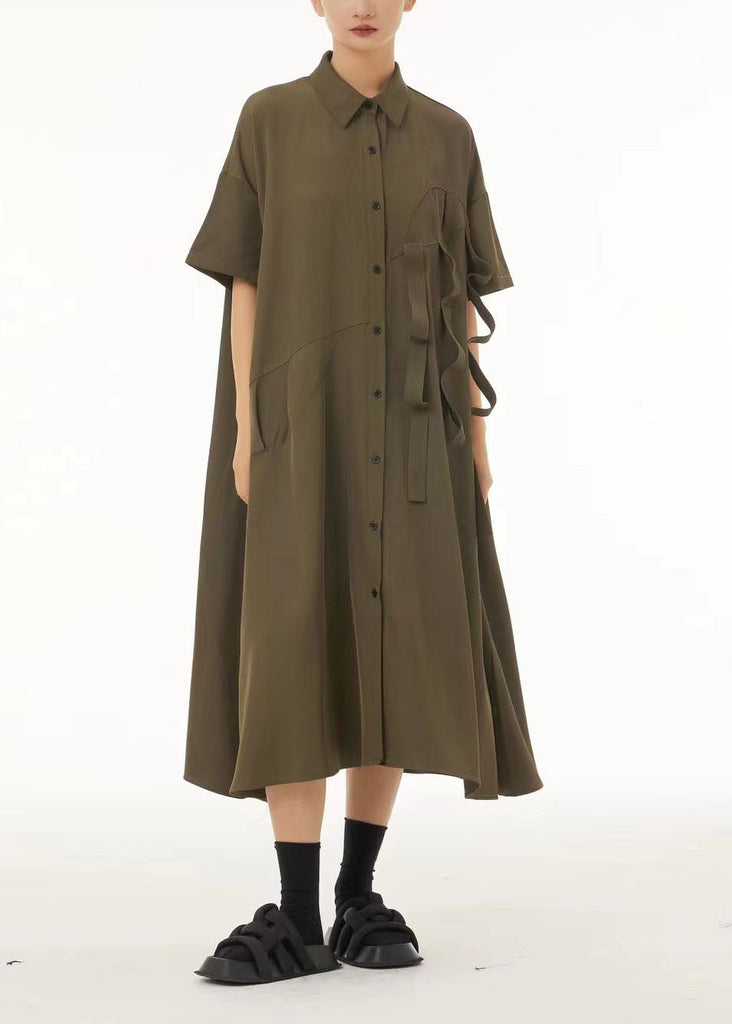 Army Green Patchwork Cotton Shirt Dresses Oversized Original Design Summer LC0144