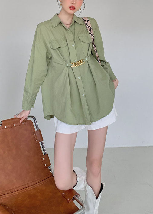 Art Army Green Wrinkled Patchwork Cotton Shirt Tops Spring LY0781