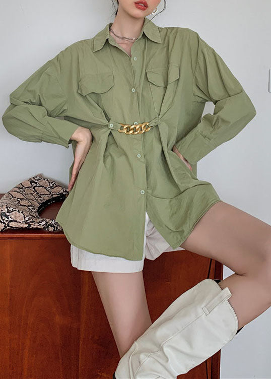 Art Army Green Wrinkled Patchwork Cotton Shirt Tops Spring LY0781