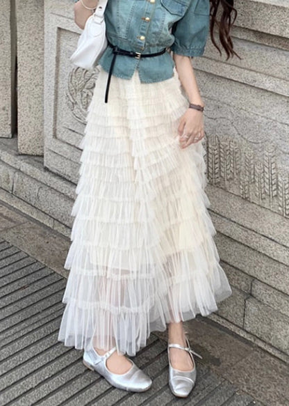 Art Beige Elastic Waist Tulle Maxi Cake Skirts Summer TY1087