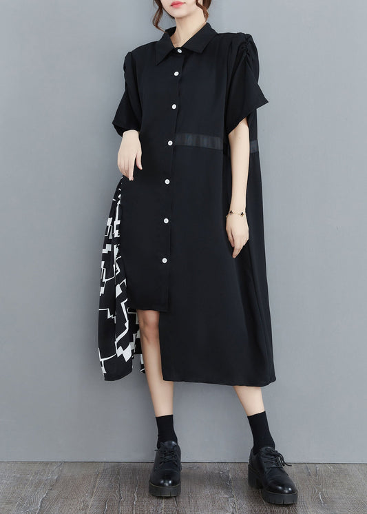 Art Black Asymmetrical Patchwork Cotton Shirt Dress Summer LY1543